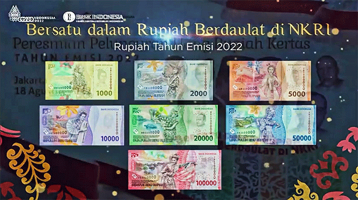 Menteri Keuangan Sri Mulyani (kanan) dan Gubernur BI Perry Warjiyo saat acara Pelucuran Uang Rupiah Kertas Tahun Emisi 2022, di Jakarta, Kamis (18/8/2022).