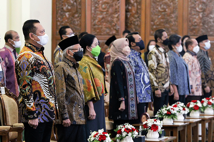 Peringatan Hari Konstitusi dan Hari Ulang Tahun ke-77 MPR di Plaza Nusantara IV, Kompleks Parlemen, Senayan, Jakarta, Kamis (18/8/2022).