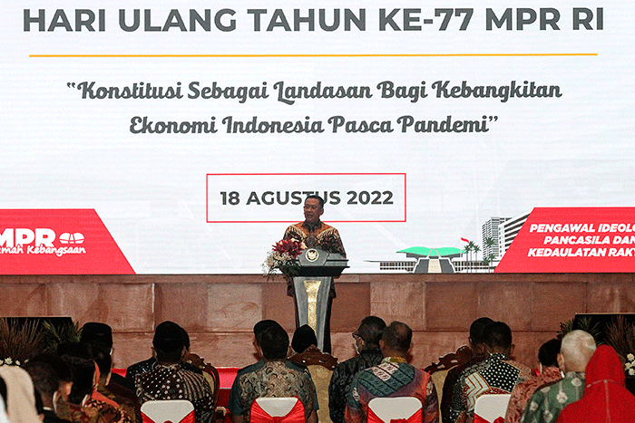 Peringatan Hari Konstitusi dan Hari Ulang Tahun ke-77 MPR di Plaza Nusantara IV, Kompleks Parlemen, Senayan, Jakarta, Kamis (18/8/2022).