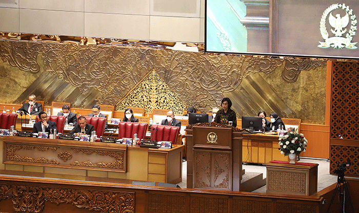Menteri Keuangan Sri Mulyani saat rapat paripurna DPR ke-3 masa persidangan I tahun 2022-2023 di kompleks Parlemen, Senayan, Jakarta, Selasa (30/8/2022).