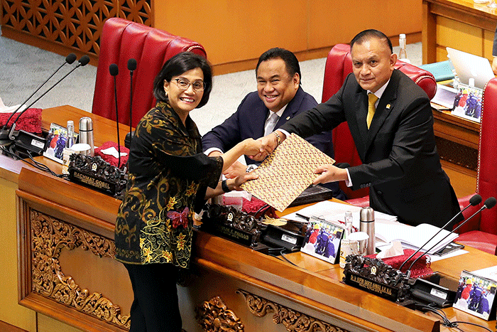 Menteri Keuangan Sri Mulyani saat rapat paripurna DPR ke-3 masa persidangan I tahun 2022-2023 di kompleks Parlemen, Senayan, Jakarta, Selasa (30/8/2022).