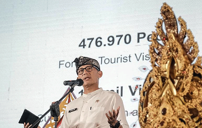 Menparekraf Sandiaga Salahuddin Uno saat acara saat mengikuti Gala Dinner World Tourism Golf Challenge 2022 pada Minggu (25/9/2022).