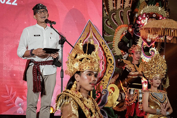 Menparekraf Sandiaga Salahuddin Uno saat acara saat mengikuti Gala Dinner World Tourism Golf Challenge 2022 pada Minggu (25/9/2022).
