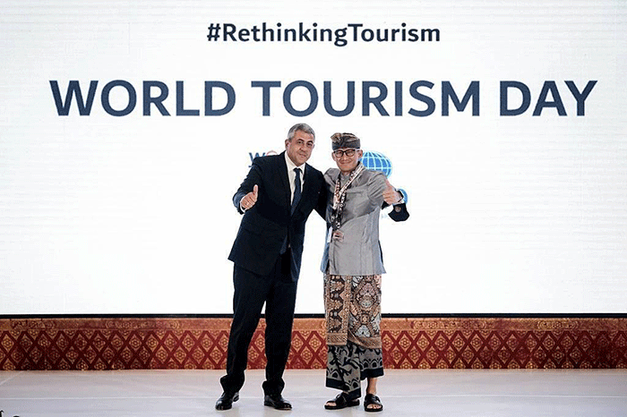 Menparekraf Sandiaga Salahuddin Uno saat memberikan sambutan dalam World Tourism Day 2022 di Grand Hyatt Bali, Nusa Dua, Selasa (27/9/2022).