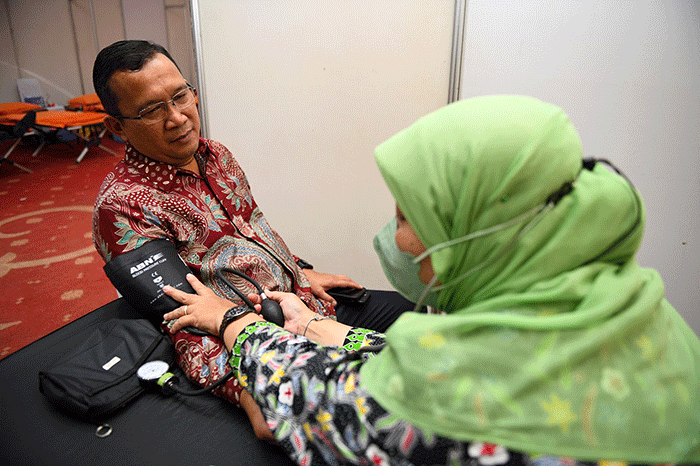 Pelaksanaan kegiatan donor darah di Menara BTN, Jakarta Pusat, Kamis (29/9/2022).