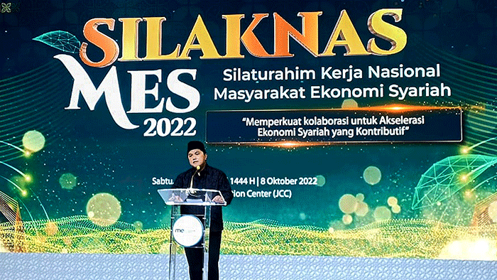 Ketua Umum Pengurus Pusat MES Erick Thohir saat memberikan sambutan dalam acara Silaknas MES di Jakarta, Sabtu (8/10/2022).