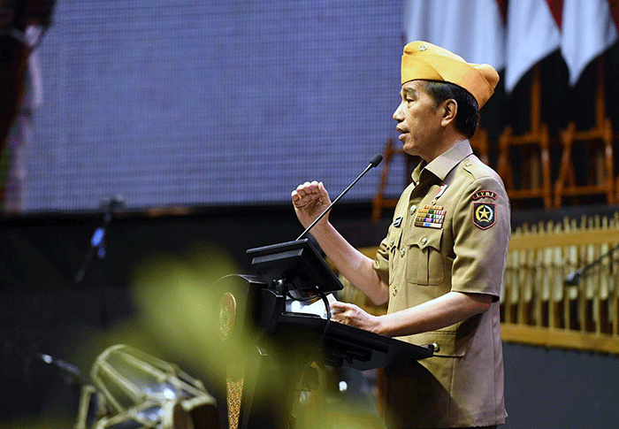 Presiden Joko Widodo saat menghadiri Pembukaan Kongres XII Legiun Veteran Republik Indonesia (LVRI) dan Munas XI Persatuan Istri Veteran Republik Indonesia.