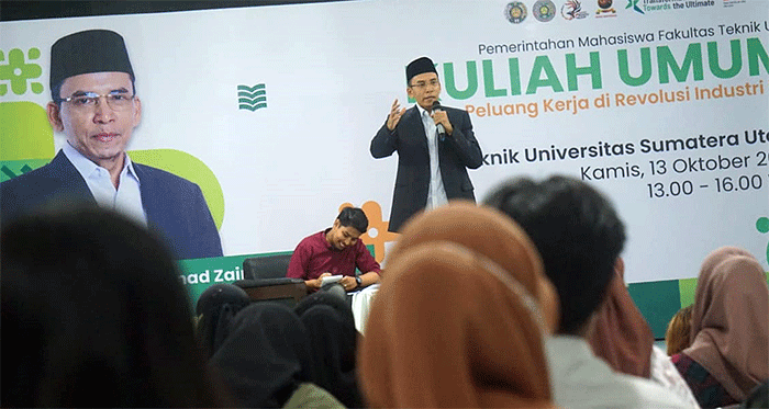 Ketua OIAA Indonesia TGB HM Zainul Majdi mengisi kuliah umum di Fakultas Teknik Universitas Sumatera Utara, Kamis (13/10/2022).