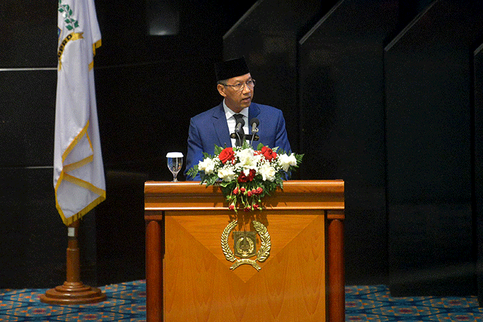 Penjabat (Pj) Gubernur DKI Jakarta Heru Budi Hartono saat menghadiri rapat paripurna DPRD DKI Jakarta di ruang Rapat Paripurna DPRD DKI Jakarta.