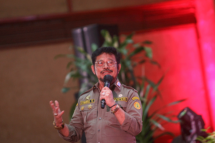 Menteri Pertanian Syahrul Yasin Limpo saat memberikan sambutan dalam acara Peringatan Hari Karantina Pertanian ke-145 di Kementerian Pertanian.