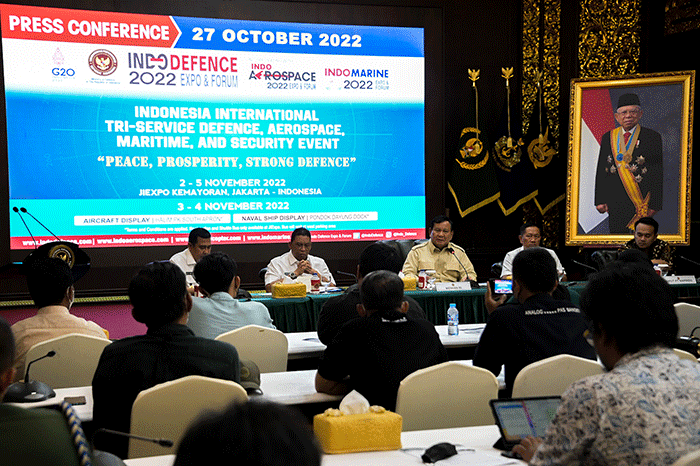 Menteri Pertahanan (Menhan) Prabowo Subianto saat memberikan keterangan pers terkait gelaran acara Indo Defence 2022 Expo & Forum.