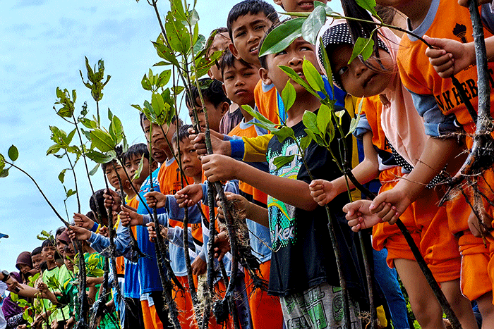 Para anggota Jurnalis Mancing Indonesia bersama anak anak sekolah dasar menanam bibit pohon mangrove di desa Ambulu, Kecamatan Losari, Kabupaten Cirebon.