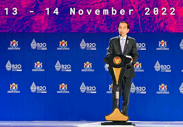 Presiden Joko Widodo menyampaikan sejumlah strategi besar dalam B20 Summit tahun 2022, yang digelar di Bali Nusa Dua Convention Center (BNDCC).