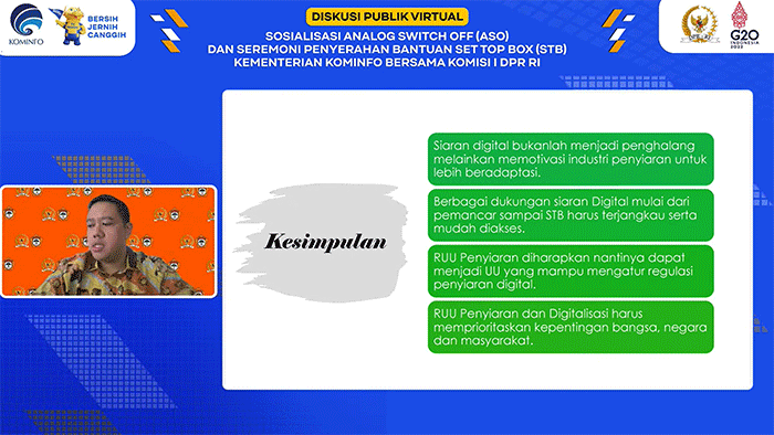 Webinar yang bertajuk Sosialisasi Analog Switch Off (ASO) dan Seremoni Penyerahan Bantuan Set Top Box (STB) Kementerian Kominfo Bersama Komisi I DPR. 