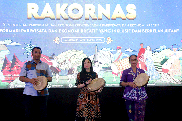 Menteri Pariwisata dan Ekonomi Kreatif (Menparekraf) Sandiaga Uno saat memberikan sambutan pada Rakornas pariwisata dan ekonomi kreatif (Parekraf) 2022.