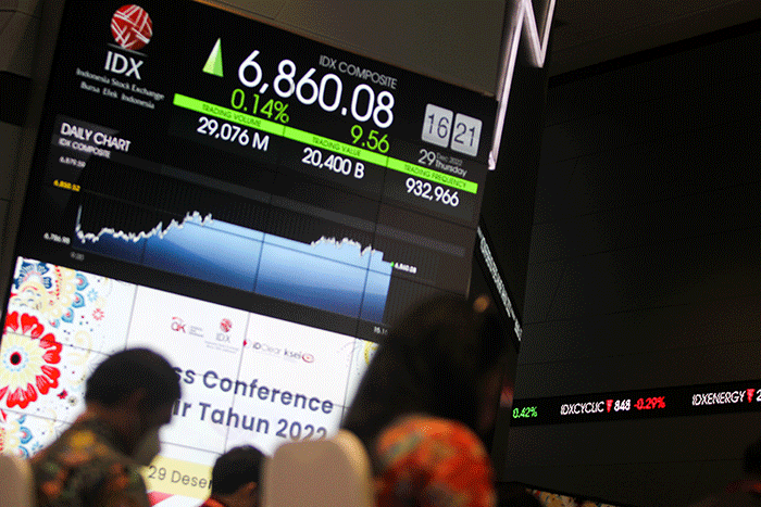 Karyawan melintas di depan layar pergerakan Indeks Harga Saham Gabungan (IHSG) di Bursa Efek Indonesia (BEI), Jakarta, Kamis (29/12/2022).