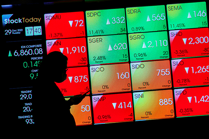 Karyawan melintas di depan layar pergerakan Indeks Harga Saham Gabungan (IHSG) di Bursa Efek Indonesia (BEI), Jakarta, Kamis (29/12/2022).