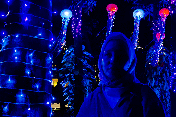 Pengunjung berfoto berlatar lampu warna-warni yang menerangi pepohonan di Taman Sumenep Jakarta Pusat, Kamis, (29/12/2022).