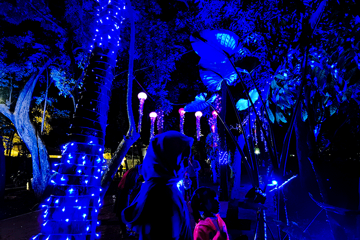 Pengunjung berfoto berlatar lampu warna-warni yang menerangi pepohonan di Taman Sumenep Jakarta Pusat, Kamis, (29/12/2022).