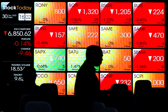 Karyawan melintasi layar yang menampilkan Indeks Harga Saham Gabungan (IHSG) saat acara Penutupan Perdagangan Bursa Efek Indonesia Tahun 2022 di Jakarta.