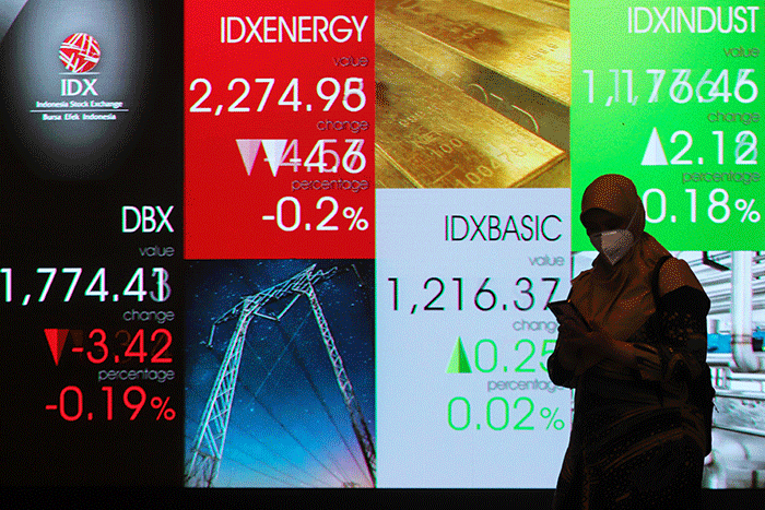 Pekerja melintasi Layar pergerakan Indeks Harga Saham Gabungan (IHSG) di Gedung Bursa Efek Indonesia, Jakarta, Senin (2/1/2023).