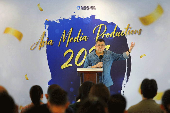 Syukuran Asia Media Productions (AMP) Performance Celebration yang diselenggarakan di lounge Studio RCTI+ Kebun Jeruk, Jakarta, Rabu (11/1/2023).