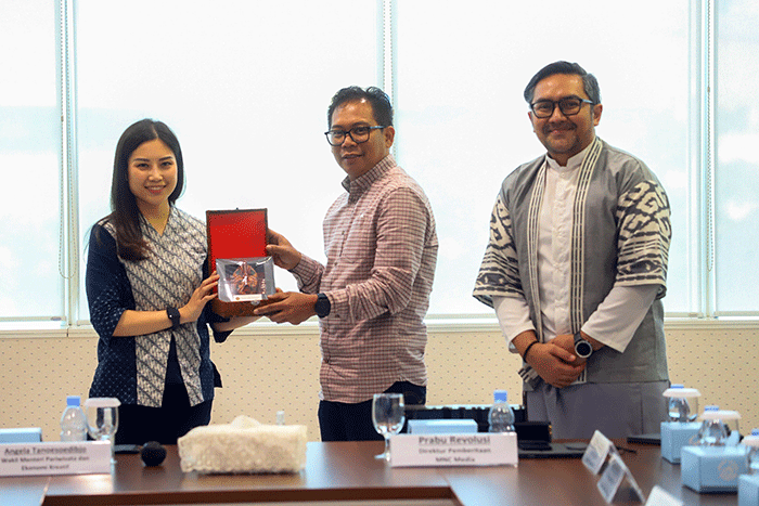 Wamenparekraf Angela Tanoesoedibjo menggelar audiensi dengan para pimpinan redaksi MNC Media di Gedung iNews Tower, Jakarta Pusat, Selasa (10/1/2023).