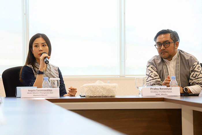 Wamenparekraf Angela Tanoesoedibjo menggelar audiensi dengan para pimpinan redaksi MNC Media di Gedung iNews Tower, Jakarta Pusat, Selasa (10/1/2023).