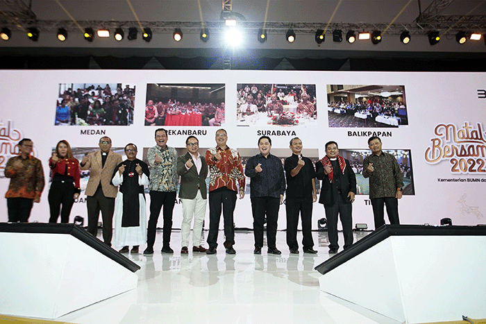 Menteri BUMN Erick Thohir saat memberikan sambutan dalam acara Natal Bersama 2022 Kementerian BUMN dan BUMN di ICE BSD, Tangerang, Banten, Sabtu (14/1/2023).