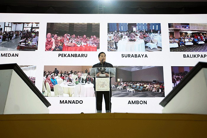 Menteri BUMN Erick Thohir saat memberikan sambutan dalam acara Natal Bersama 2022 Kementerian BUMN dan BUMN di ICE BSD, Tangerang, Banten, Sabtu (14/1/2023).