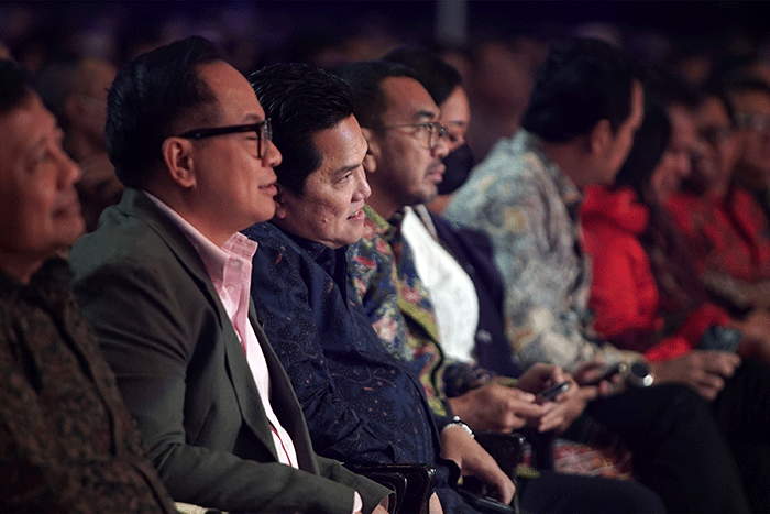 Menteri BUMN Erick Thohir saat memberikan sambutan dalam acara Natal Bersama 2022 Kementerian BUMN dan BUMN di ICE BSD, Tangerang, Banten, Sabtu (14/1/2023).