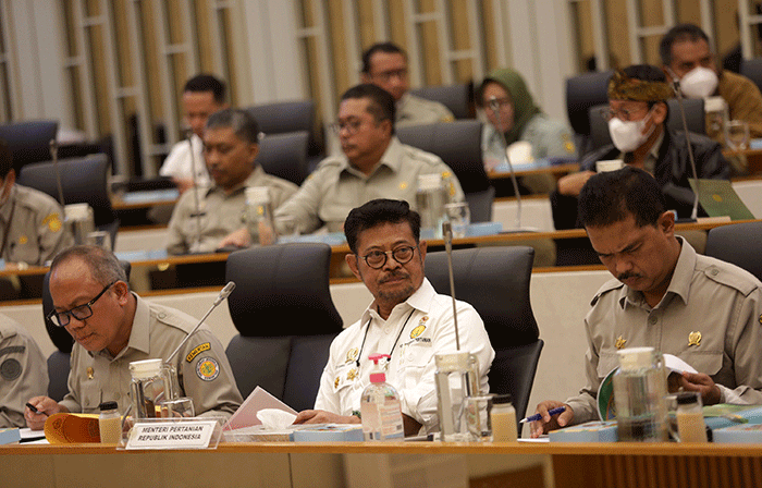 Mentan Syahrul Yasin Limpo (tengah) saat mengikuti rapat kerja bersama Komisi IV DPR di Kompleks Parlemen, Senayan, Jakarta, Senin (16/1/2023).