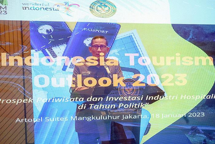 Menteri Pariwisata dan Ekonomi Kreatif Sandiaga Uno saat menghadiri acara Indonesia Tourism Outlook 2023 yang digelar di Jakarta, Rabu (18/1/2023).