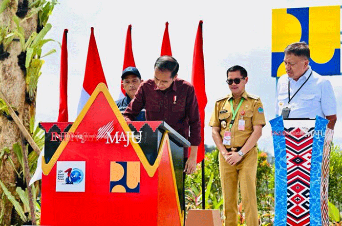 Presiden Joko Widodo meresmikan Bendungan Kuwil Kawangkoan, Kabupaten Minahasa Utara, dalam kunjungan kerjanya ke Provinsi Sulawesi Utara, Kamis (19/1/2023).