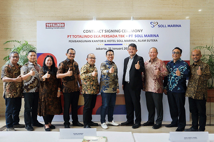Penandatanganan proyek Pembangunan Kantor dan Hotel Soll Marina Alam Sutera di Kantor Pusat Totalindo, Tebet, Jakarta Selatan, Rabu (25/1/2023).