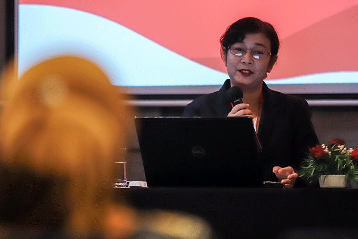 Ministry of Hotels and Tourism of Myanmar, Khaing Mee Mee Htun memberikan pemaparan saat NTO's Media Briefing dalam ASEAN Tourism Forum (ATF) 2023.