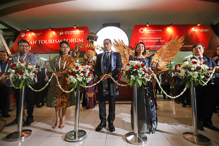 Pameran Travel Exchange (TRAVEX) 2023 saat berlangsungnya ASEAN Tourism Forum (ATF) 2023 di Jogja Expo Center (JEC), D.I Yogyakarta.