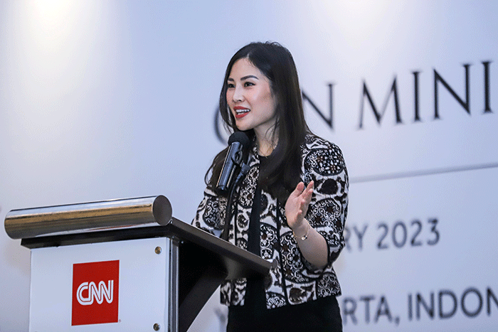 Wamenparekraf Angela Tanoesoedibjo memberikan sambutan saat menghadiri Business Luncheon hosted by CNN di Marriott Hotel, D.I Yogyakarta, Sabtu (4/2/2023).