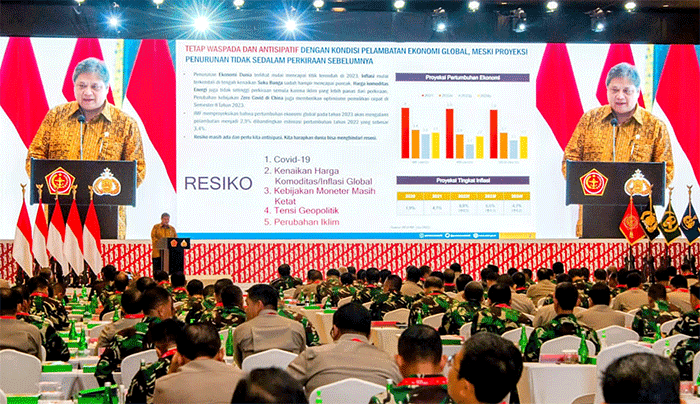 Menko Perekonomian RI Airlangga Hartarto saat menghadiri Rapim TNI Polri Tahun 2023 di Jakarta, Rabu (8/2/2023).