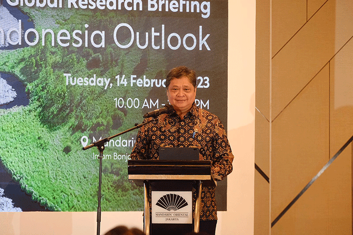 Menko Airlangga Hartarto saat menyampaikan keynote speech mewakili Presiden RI dalam H1 Global Research Briefing – 2023 Global & Indonesia Outlook.