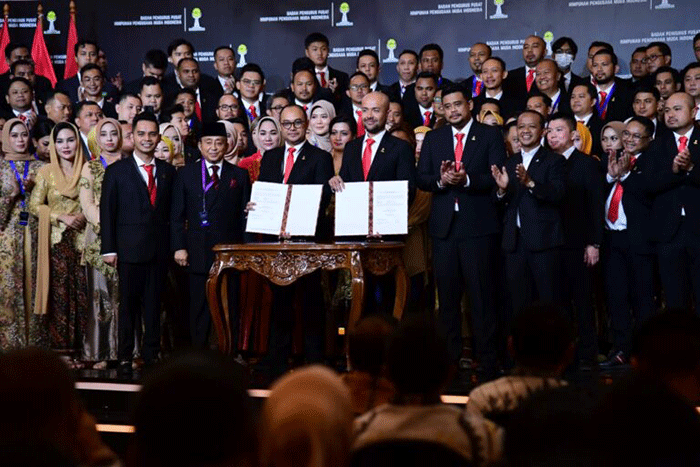 Presiden Joko Widodo memberikan sambutannya saat menghadiri pelantikan Badan Pengurus Pusat Himpunan Pengusaha Muda Indonesia Masa Bakti 2022-2025.