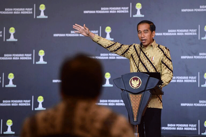 Presiden Joko Widodo memberikan sambutannya saat menghadiri pelantikan Badan Pengurus Pusat Himpunan Pengusaha Muda Indonesia Masa Bakti 2022-2025.