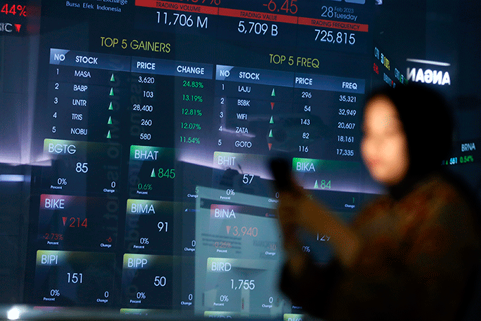 Karyawan berdiri di dekat layar pergerakan Indeks Harga Saham Gabungan (IHSG) di Bursa Efek Indonesia, Jakarta, Selasa (28/2/2022).