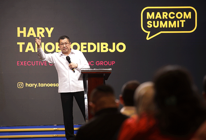 Executive Chairman MNC Group Hary Tanoesoedibjo hadir dan memberikan arahan pada saat Marcomm Summit (MNC Non Media) yang di Jakarta, Selasa (7/3/2023).