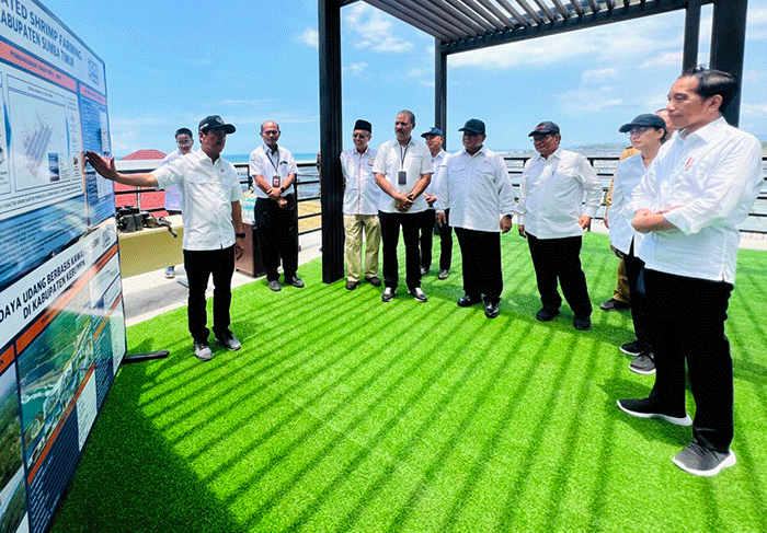 Presiden Joko Widodo meresmikan tambak budidaya udang berbasis kawasan di Desa Plesung, Kecamatan Petanahan, Kabupaten Kebumen, Jawa Tengah.