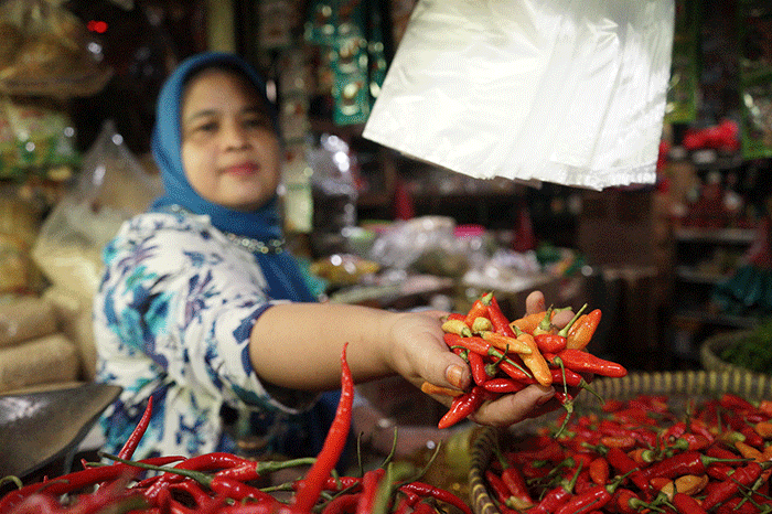 Pedagang menunjukkan cabai rawit merah di Pasar Kramat Jati, Jakarta Timur, Jumat (17/3/2023).