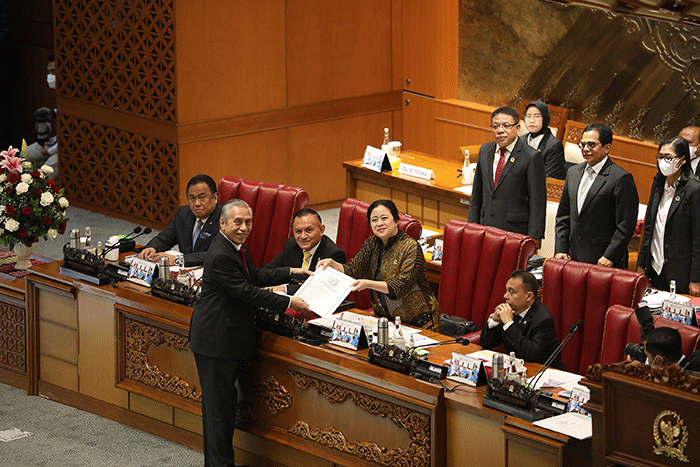 Sidang Paripurna DPR ke-19 Masa Persidangan IV Tahun Sidang 2022-2023 di Kompleks Parlemen, Senayan, Jakarta, Selasa (21/3/2023).