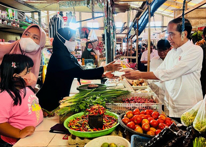 Presiden Joko Widodo mengunjungi Pasar Malindungi, Kabupaten Luwu Timur, Sulawesi Selatan, Kamis (30/3/2023).