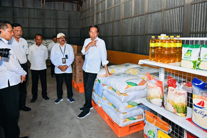 Presiden Joko Widodo saat meninjau ketersediaan stok beras di Gudang Bulog Batangase, Kabupaten Maros, Sulawesi Selatan, Kamis (30/3/2023).