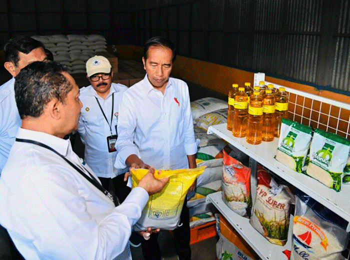 Presiden Joko Widodo saat meninjau ketersediaan stok beras di Gudang Bulog Batangase, Kabupaten Maros, Sulawesi Selatan, Kamis (30/3/2023).